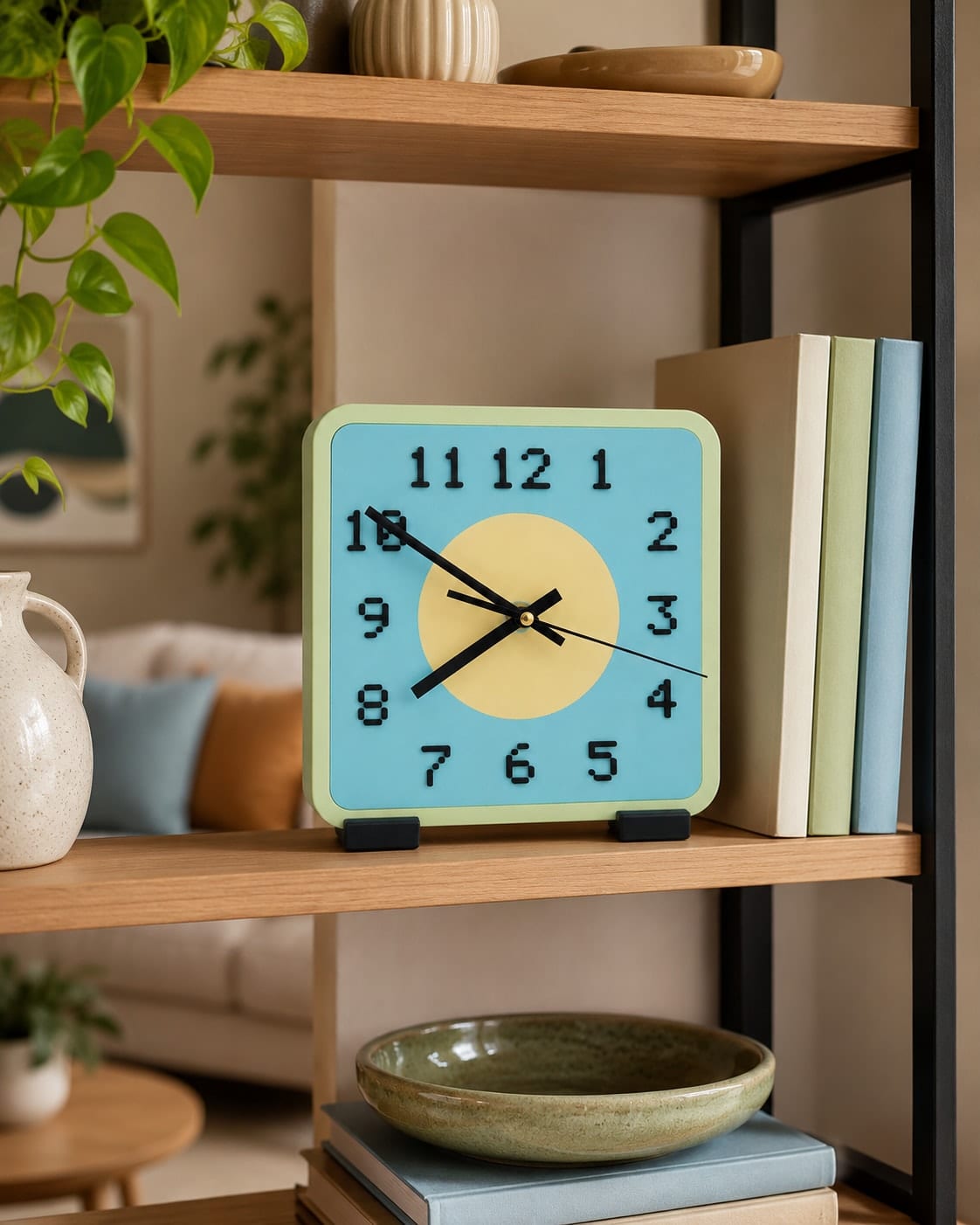 Pop Clock freistehend mit Füßchen im Regal