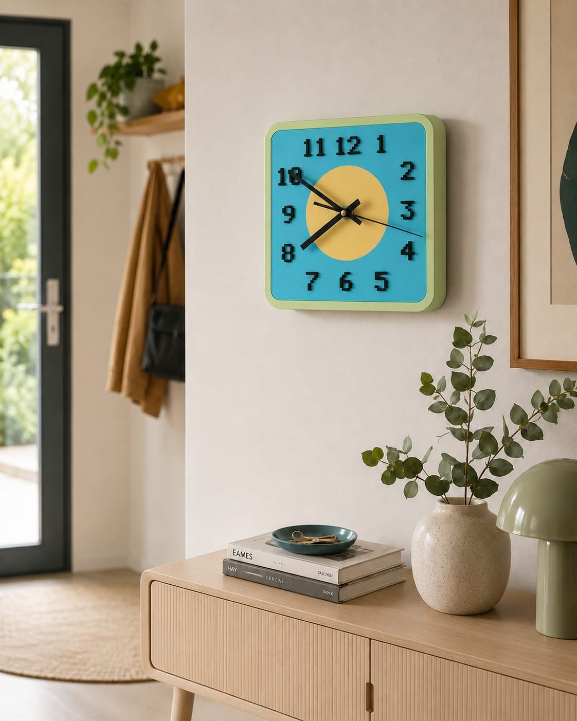 Pop Clock an der Wand im Flur