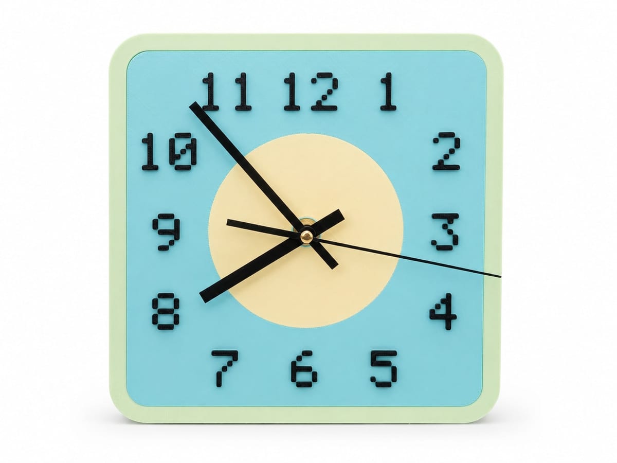 Pop Clock Frontansicht – minzgrüner Rahmen, himmelblaues Ziffernblatt, gelbe Mitte